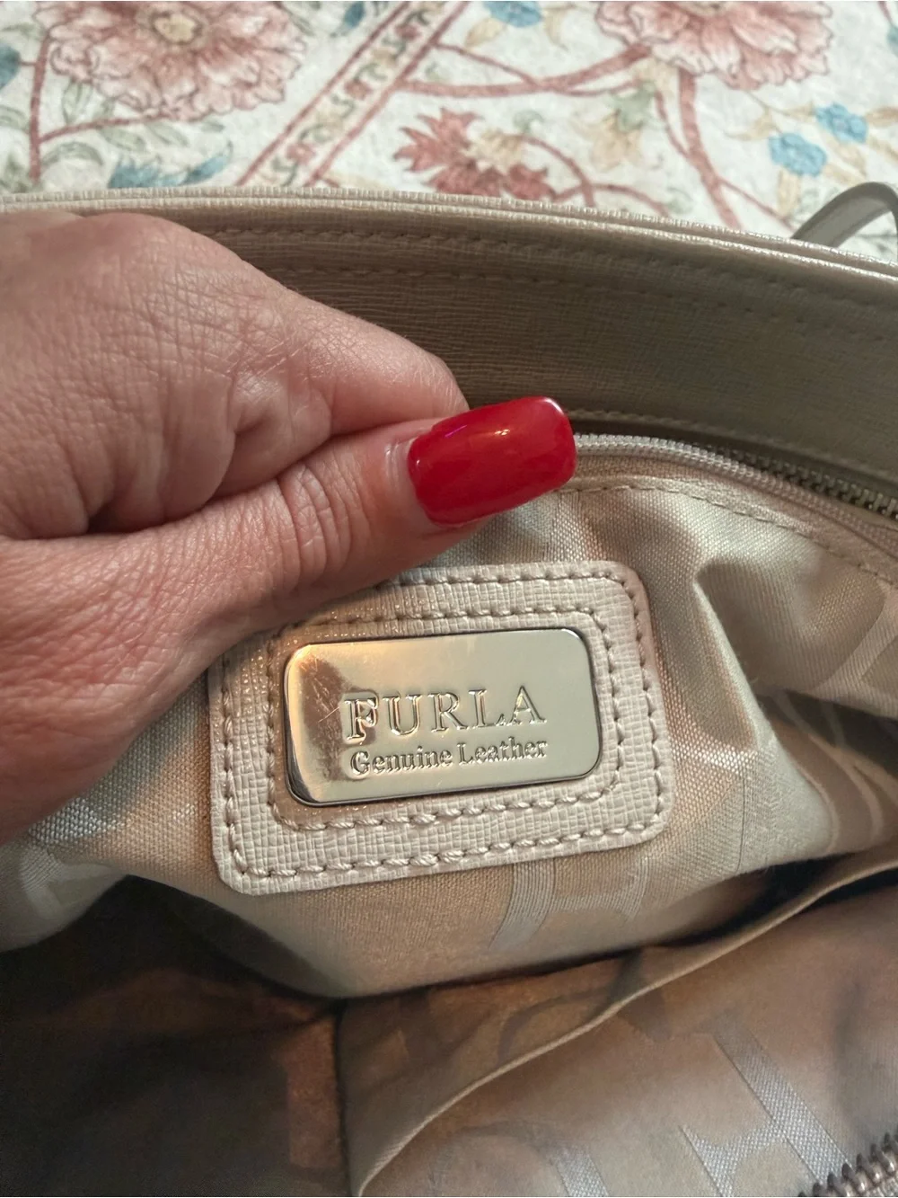Furla Light Beige Leather Tote with Slim Shoulder Straps